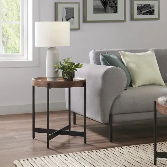Acacia Wood Round Tray Top Side Table-Kirkland's Home Shop