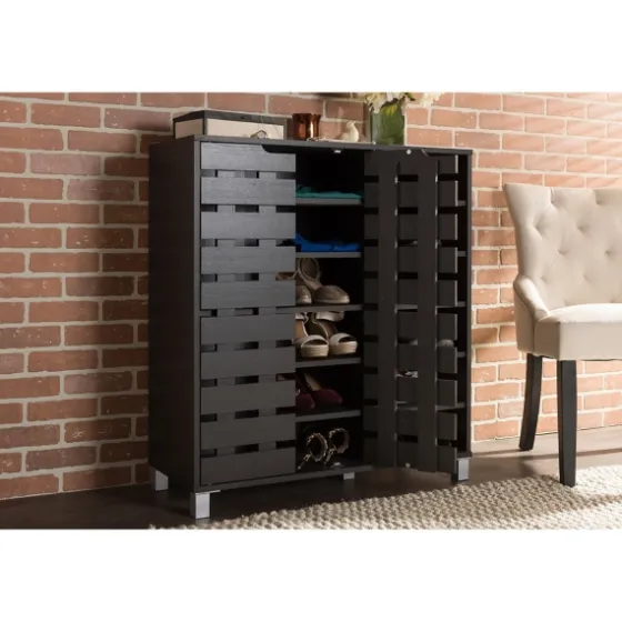 Aldrich Black Slatted Shoe Storage Cabinet-Kirkland's Home Outlet