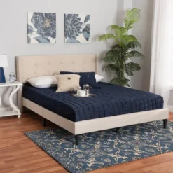 Amala Beige Button Tufted Queen Bed Frame-Kirkland's Home New