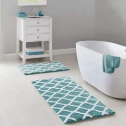 Aqua Geometric Pattern Reversible Bath Mat, 60 In-Kirkland's Home Sale
