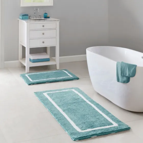 Aqua Geometric Pattern Reversible Bath Mat, 60 In-Kirkland's Home Sale