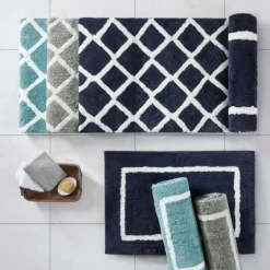 Aqua Geometric Pattern Reversible Bath Mat, 60 In-Kirkland's Home Sale