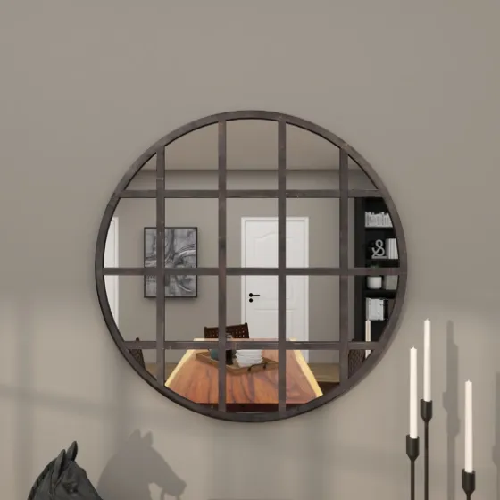 Black Metal Grid Overlay Round Mirror-Kirkland's Home Online