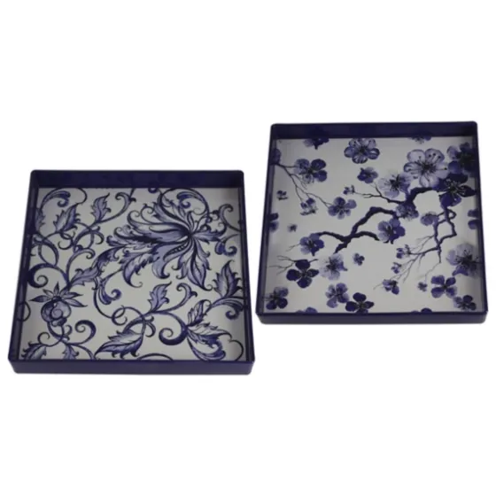 Blue And White Floral Trays, Set Of 2-Kirkland's Home Clearance