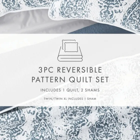 Blue Damask Reversible 3-Pc. King Quilt Set-Kirkland's Home Cheap