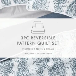 Blue Damask Reversible 3-Pc. Queen Quilt Set-Kirkland's Home Clearance