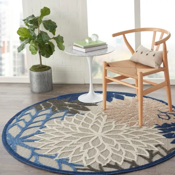 Blue Floral Burst Round Outdoor Area Rug, 5X5-Kirkland's Home Online