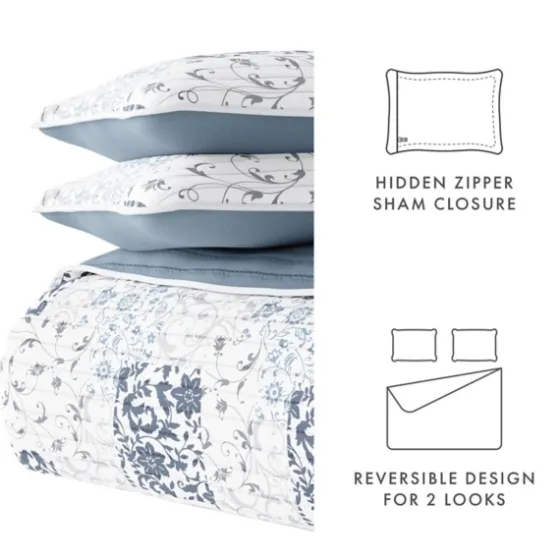 Blue Patchwork Reversible 3-Pc. Queen Quilt Set-Kirkland's Home Store