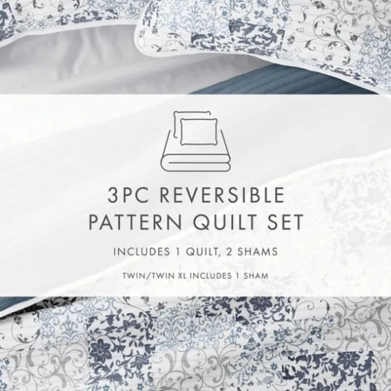 Blue Patchwork Reversible 3-Pc. Queen Quilt Set-Kirkland's Home Store