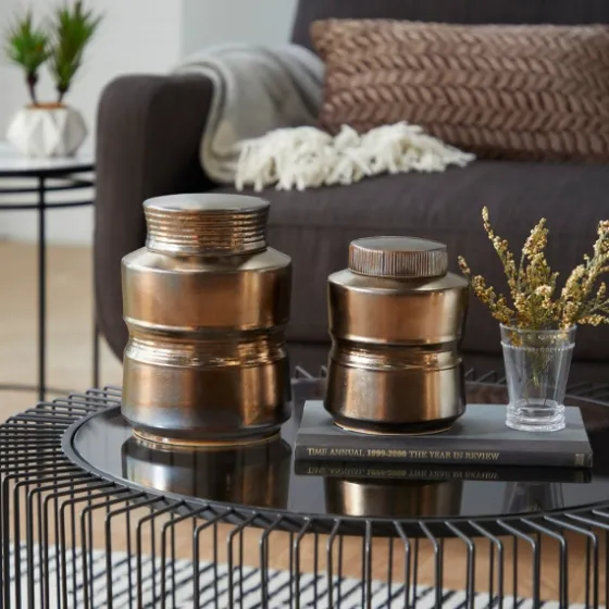 Bronze Ribbed Ceramic Jars, Set Of 2-Kirkland's Home Discount