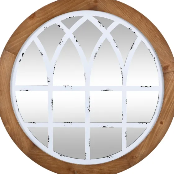 Brown And Wooden Round Windowpane Mirror-Kirkland's Home Outlet
