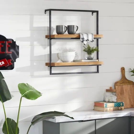 Brown Wood Black Metal Frame Wall Shelves-Kirkland's Home Sale
