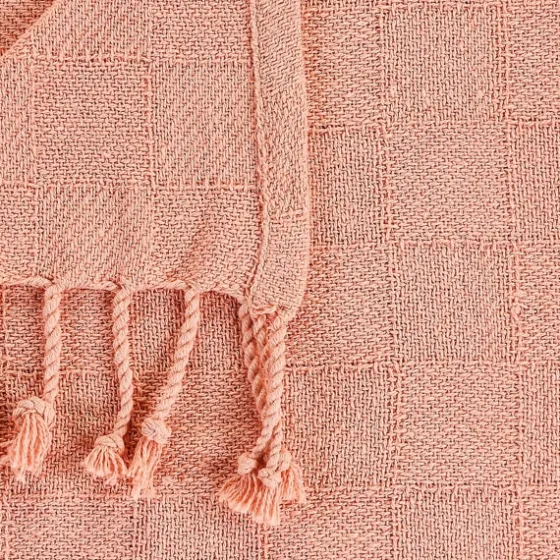 Coral Checkered Weave Fringe Throw-Kirkland's Home Outlet