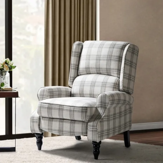 Cream And Gray Plaid Traditional Recliner-Kirkland's Home Outlet