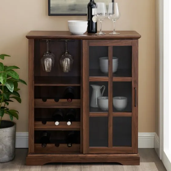 Dark Walnut Sliding Glass Door Bar Cabinet-Kirkland's Home Fashion