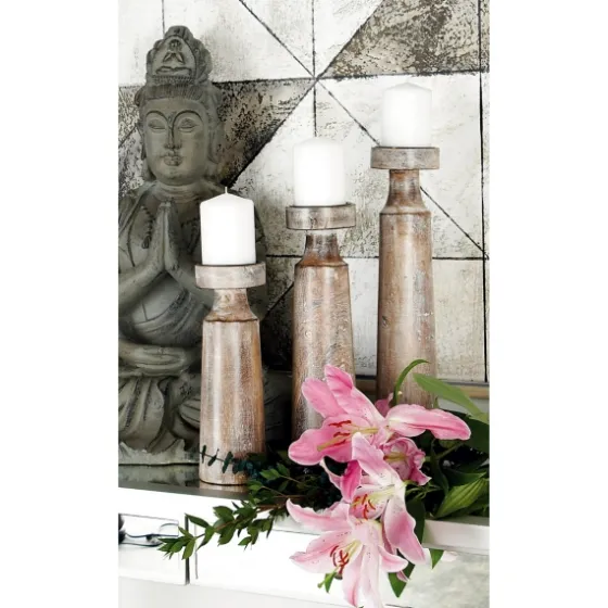 Distressed Mocha Mango Wood Candlesticks, Set Of 3-Kirkland's Home New