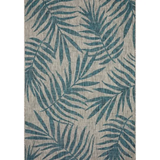 Gray And Aqua Palm Leaves Outdoor Area Rug, 5X7-Kirkland's Home Hot