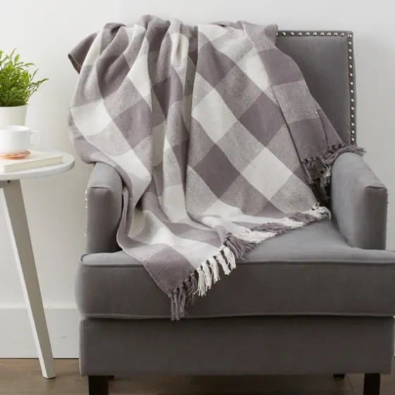 Gray And White Buffalo Check Woven Fringe Throw-Kirkland's Home Discount