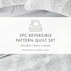 Gray Damask Reversible 3-Pc. King Quilt Set-Kirkland's Home Shop