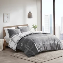 Gray Plaid Reversible 3-Pc. Queen Duvet Cover Set-Kirkland's Home Cheap