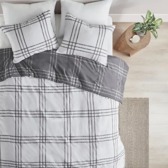 Gray Plaid Reversible 3-Pc. Queen Duvet Cover Set-Kirkland's Home Cheap