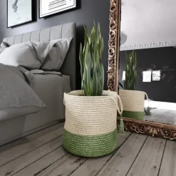 Green And Cream Woven Basket With Tassel, 19 In.-Kirkland's Home Shop