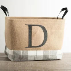 Monogrammed D Gray Plaid Leather Handle Jute Bin-Kirkland's Home Store
