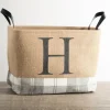 Monogrammed H Gray Plaid Leather Handle Jute Bin-Kirkland's Home Store