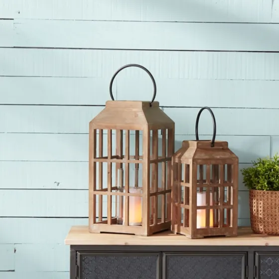 Natural Wood Windowpane Lantern, 17 In.-Kirkland's Home Clearance