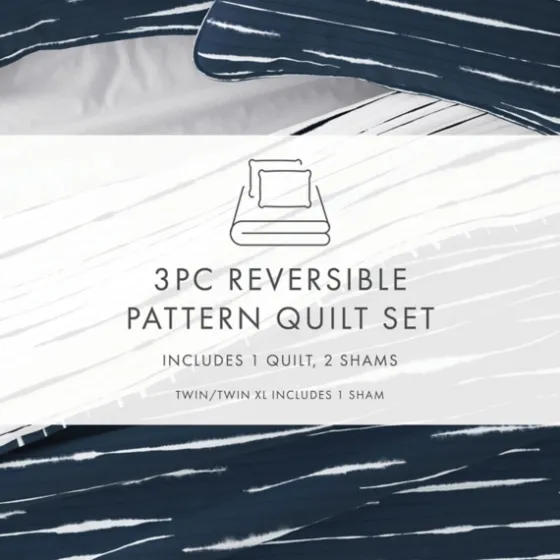 Navy Linear Reversible 3-Pc. Queen Quilt Set-Kirkland's Home Flash Sale