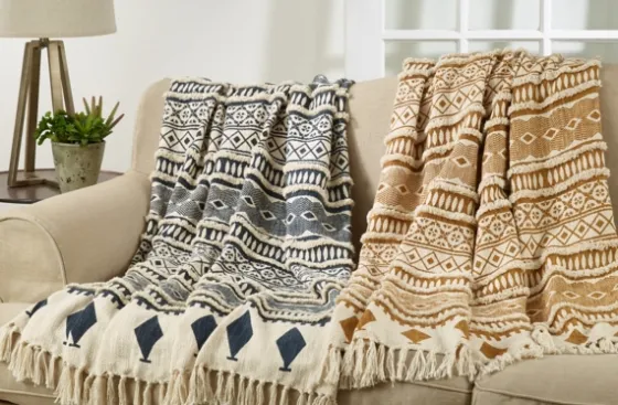 Navy Textured Geometric Fringed Throw-Kirkland's Home Best Sale