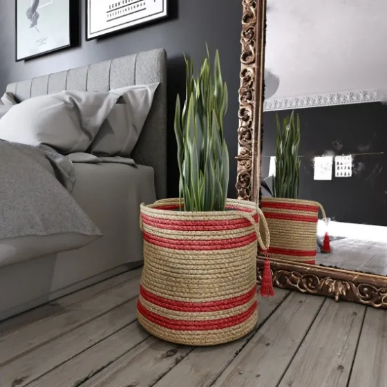 Red Double Stripe Jute Basket With Handles, 17 In.-Kirkland's Home Cheap