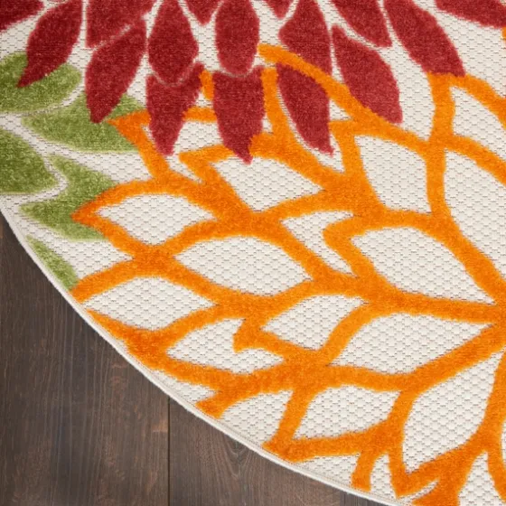Red Floral Burst Outdoor Round Area Rug, 5 Ft.-Kirkland's Home Outlet