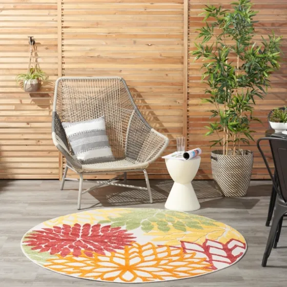 Red Floral Burst Outdoor Round Area Rug, 5 Ft.-Kirkland's Home Outlet