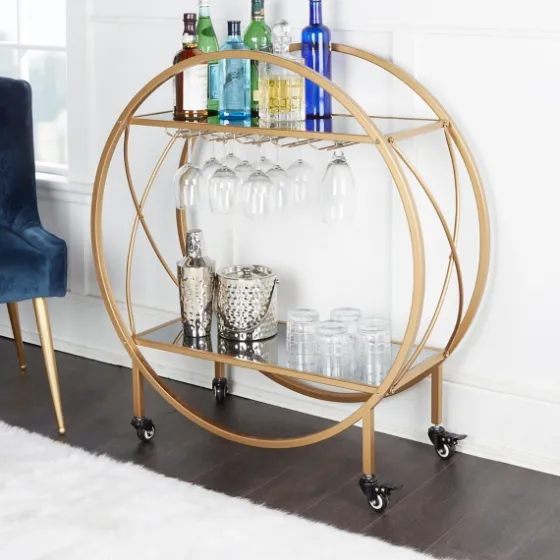 Round Gold Mirrored Shelves Bar Cart-Kirkland's Home Clearance