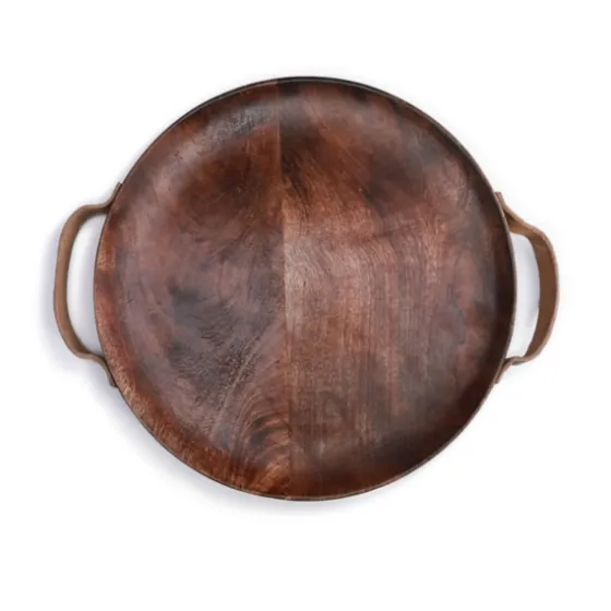 Round Mango Wood Tray With Leather Handles-Kirkland's Home Online
