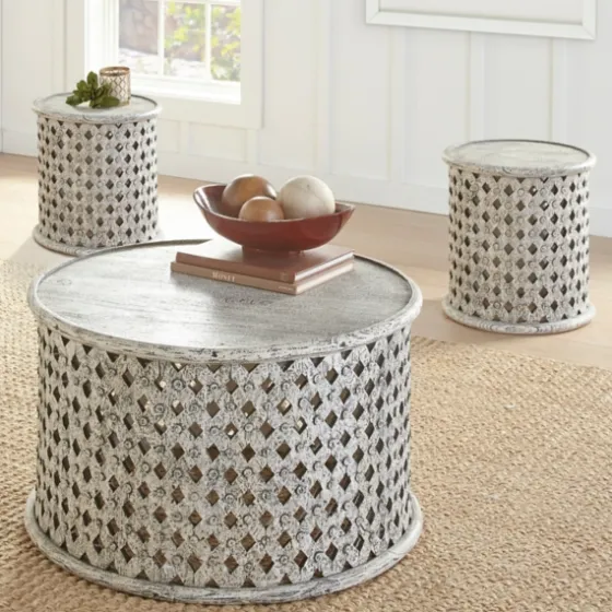 Round White Wood Lattice Coffee Table-Kirkland's Home Discount