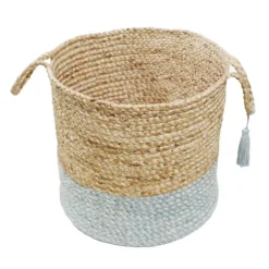 Spa Blue And Tan Woven Basket With Tassel, 17 In.-Kirkland's Home Clearance