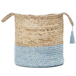 Spa Blue And Tan Woven Basket With Tassel, 19 In.-Kirkland's Home Best