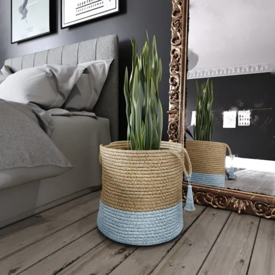 Spa Blue And Tan Woven Basket With Tassel, 19 In.-Kirkland's Home Best