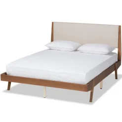 Tan Upholstered Brown Wood Queen Platform Bed-Kirkland's Home Outlet