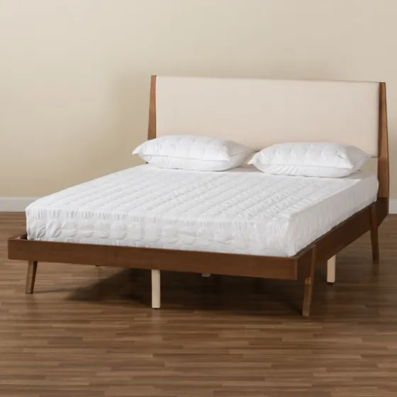 Tan Upholstered Brown Wood Queen Platform Bed-Kirkland's Home Outlet