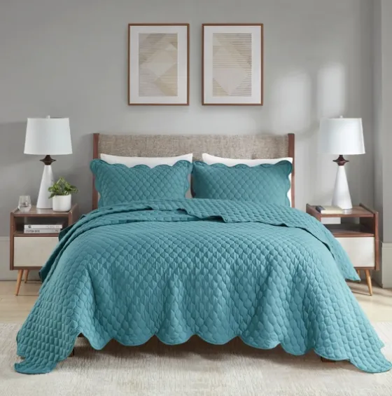 Teal Scalloped Crinkle 3-Pc. Cali King Quilt Set-Kirkland's Home Outlet
