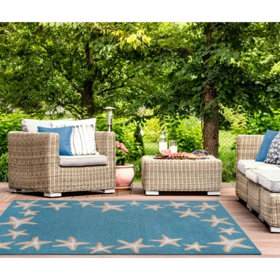 Teal Starfish Border Outdoor Area Rug, 5X7-Kirkland's Home Store