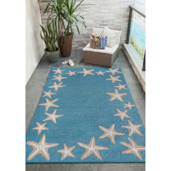 Teal Starfish Border Outdoor Area Rug, 5X7-Kirkland's Home Store