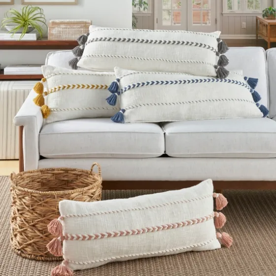White And Mustard Braided Stripe Lumbar Pillow-Kirkland's Home Online