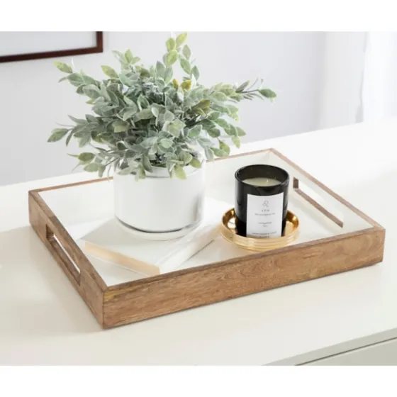 White Enameled Rectangle Mango Wood Tray-Kirkland's Home Sale