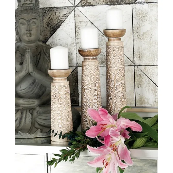 White Washed Floral Wood Candle Holders, Set Of 3-Kirkland's Home Clearance