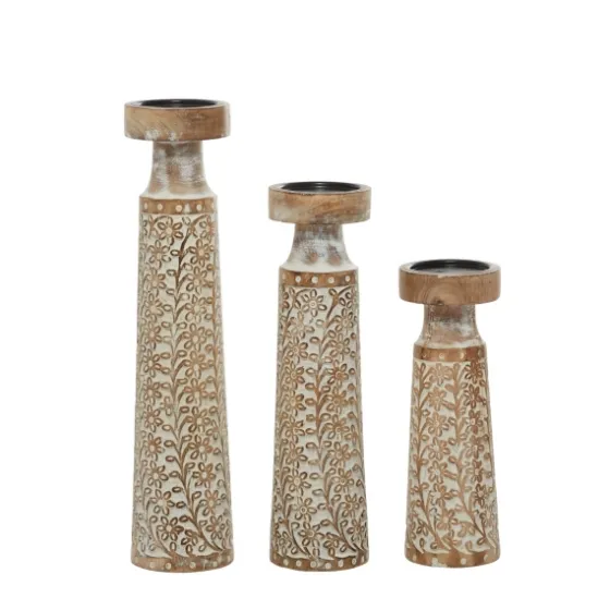 White Washed Floral Wood Candle Holders, Set Of 3-Kirkland's Home Clearance