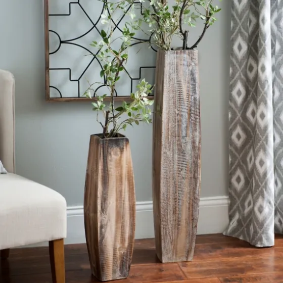 Whitewashed Oblong Wooden Vases, Set Of 2-Kirkland's Home Online